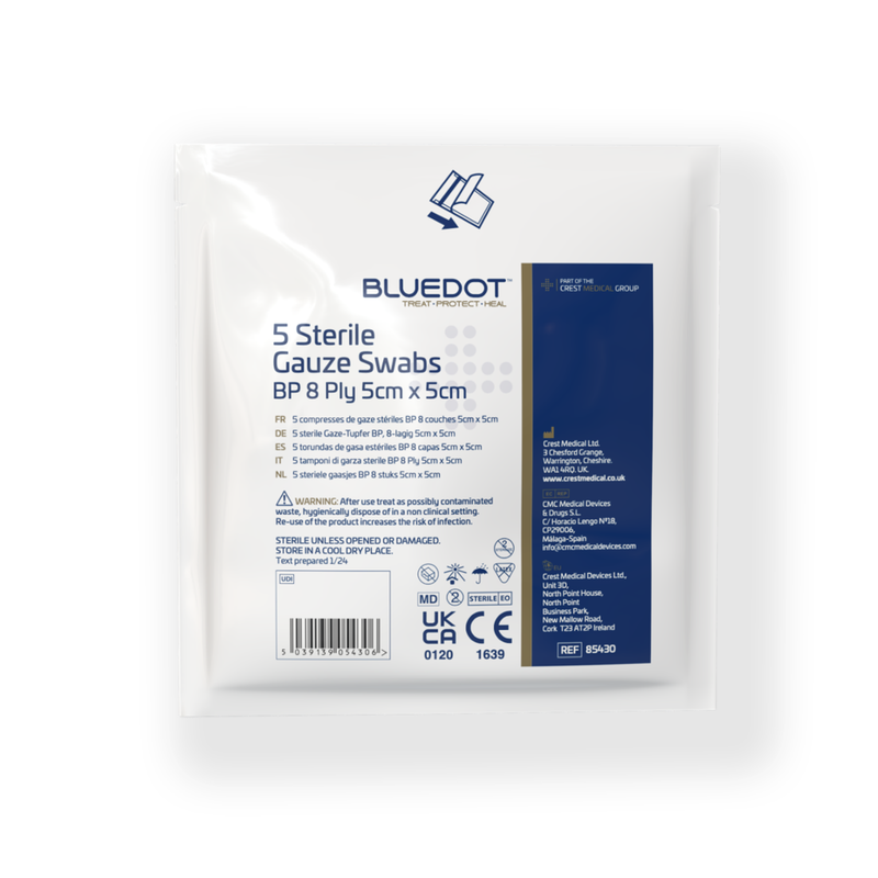 Blue Dot Sterile Gauze Swabs (Pack 5) - 5cm x 5cm